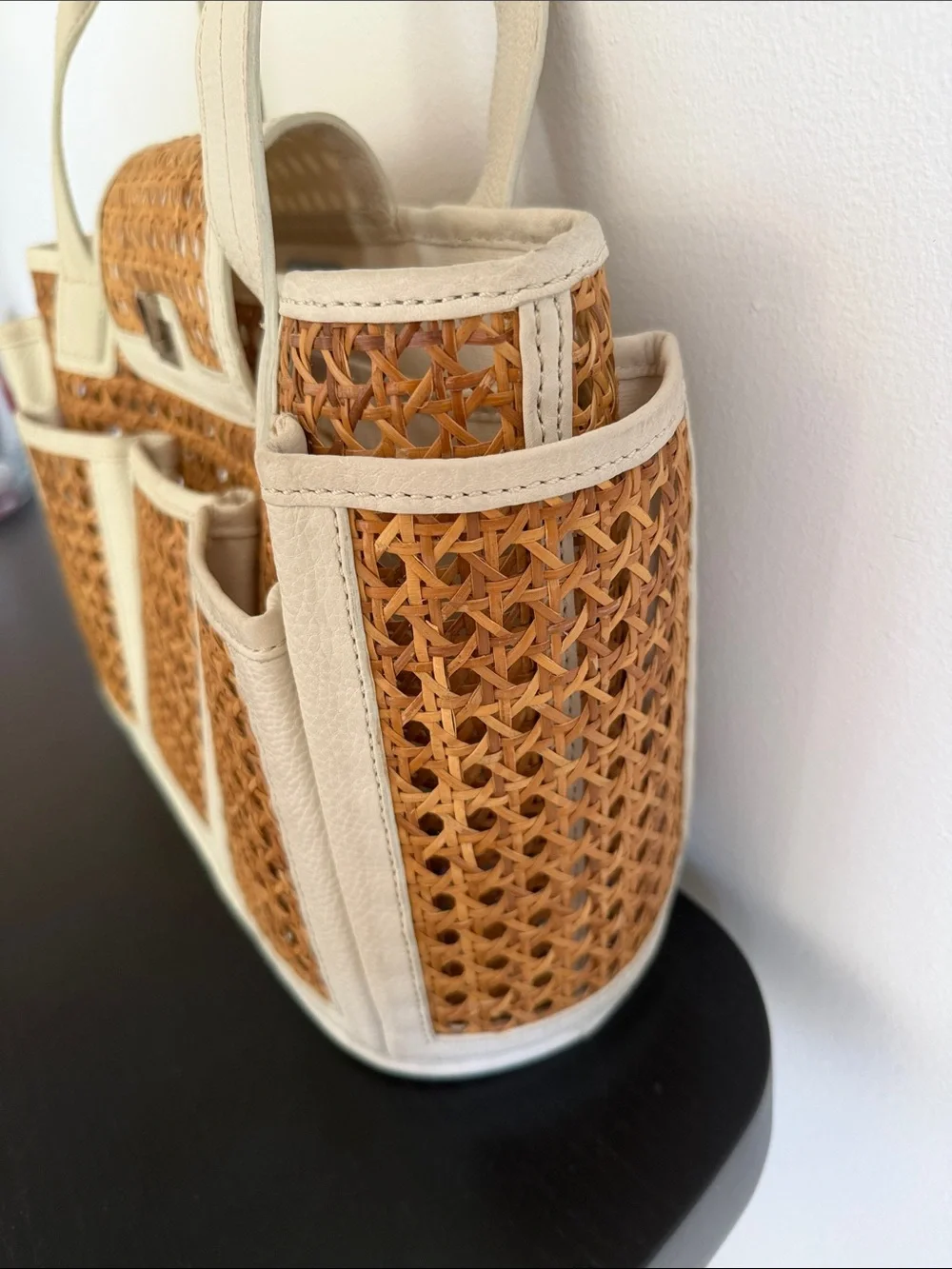 Woven Rattan Tote with Cream Leather Trim